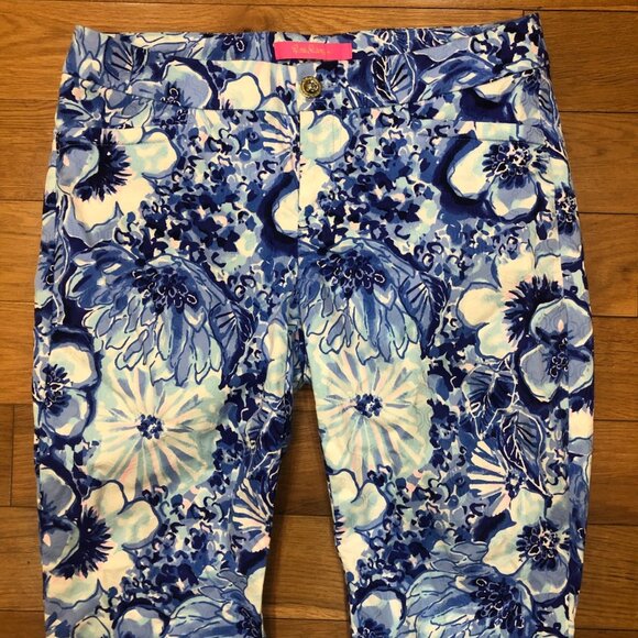 Lilly Pulitzer Blue & White Floral Straight Leg Pants Size 4 - Picture 3 of 6